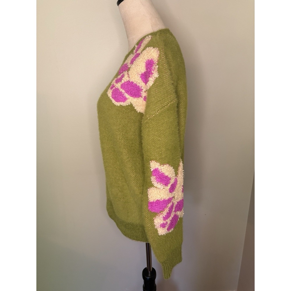 FRNCH Paris Ulyssia Floral Appliqué Sweater Green Pink SOFT COZY Boho Size Large - Picture 6 of 9